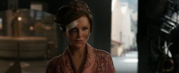 Movie still from “Being the Ricardos” (2021), directed by Aaron Sorkin – A woman with bandages on her head and face; Close Up shot, Over the shoulder angle