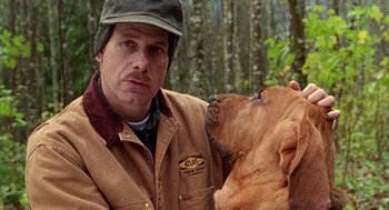 Movie still from “Best in Show” (2000), directed by Christopher Guest – A man and a dog in the woods with trees in the background; Close Up shot, Over the shoulder angle