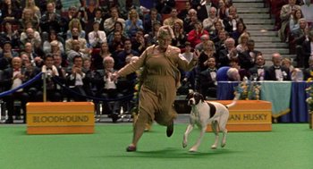 Movie still from “Best in Show” (2000), directed by Christopher Guest – A woman running with a dog on a green field; Wide shot, High angle