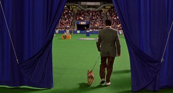 Movie still from “Best in Show” (2000), directed by Christopher Guest – A man walking a dog on a leash in front of an audience; Extreme Wide shot, High angle