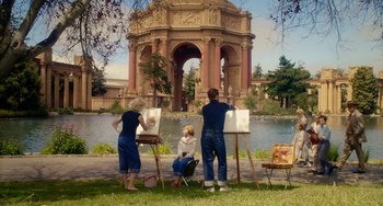 Movie still from “Big Eyes” (2014), directed by Tim Burton – A group of people standing in front of a building; Wide shot, Low angle