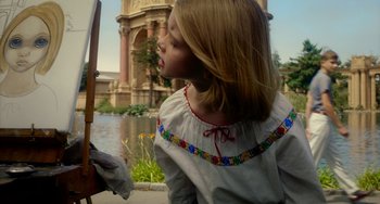 Movie still from “Big Eyes” (2014), directed by Tim Burton – A young girl in a white shirt is looking at a mirror; Medium shot, Over the shoulder angle