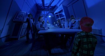 Movie still from “Bill & Ted's Bogus Journey” (1991), directed by Peter Hewitt – A group of people sitting at a table in a dark room; Wide shot, Over the shoulder angle