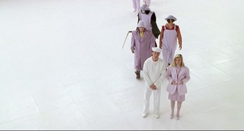 Movie still from “Bill & Ted's Bogus Journey” (1991), directed by Peter Hewitt – A group of people walking on a white floor; Wide shot, High angle