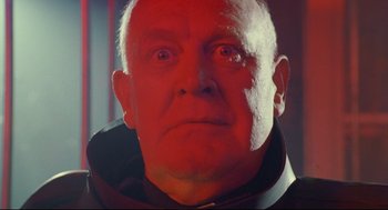 Movie still from “Bill & Ted's Bogus Journey” (1991), directed by Peter Hewitt – An older man with a surprised look on his face; Close Up shot, Low angle