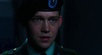 Movie still from “Billy Lynn's Long Halftime Walk” (2016), directed by Ang Lee – A man in a military uniform stares into the camera; Close Up shot, Low angle