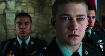 Movie still from “Billy Lynn's Long Halftime Walk” (2016), directed by Ang Lee – Two young men in military uniforms are looking at the camera; Close Up shot, Low angle