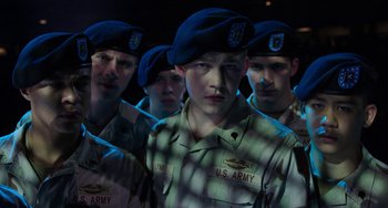 Movie still from “Billy Lynn's Long Halftime Walk” (2016), directed by Ang Lee – A group of young men standing next to each other; Medium shot, Low angle