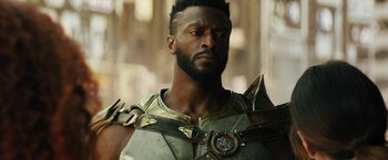 Movie still from “Black Adam” (2022), directed by Jaume Collet-Serra – A person wearing a costume; Close Up shot, Low angle