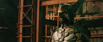 Movie still from “Black Adam” (2022), directed by Jaume Collet-Serra – A person wearing a costume; Close Up shot, Low angle