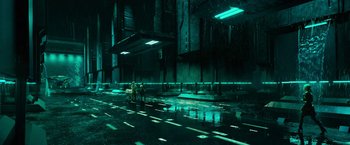 Movie still from “Black Adam” (2022), directed by Jaume Collet-Serra – Two people standing on the side of the street; Extreme Wide shot, High angle