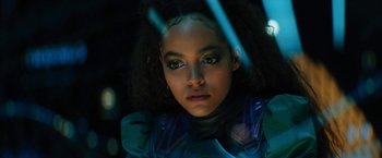 Movie still from “Black Adam” (2022), directed by Jaume Collet-Serra – A person wearing a costume; Close Up shot, Over the shoulder angle