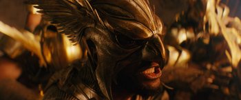 Movie still from “Black Adam” (2022), directed by Jaume Collet-Serra – A man's face in a leather mask; Close Up shot, Low angle
