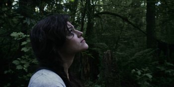 Movie still from “Blair Witch” (2016), directed by Adam Wingard – A woman looking up into the sky in the woods; Close Up shot, Low angle