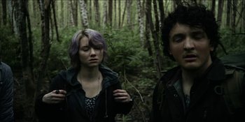 Movie still from “Blair Witch” (2016), directed by Adam Wingard – A woman with purple hair standing next to a man in the woods; Medium shot, Low angle