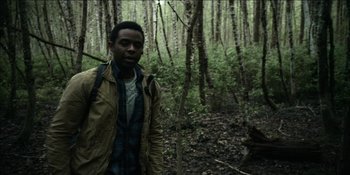 Movie still from “Blair Witch” (2016), directed by Adam Wingard – A man standing in the middle of a forest; Medium shot, Over the shoulder angle