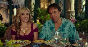 Movie still from “Blended” (2014), directed by Frank Coraci – A man and a woman sitting at a table with plates of food; Medium shot, Over the shoulder angle