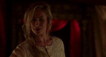 Movie still from “Blended” (2014), directed by Frank Coraci – A beautiful blonde haired woman wearing a white dress; Close Up shot, Over the shoulder angle