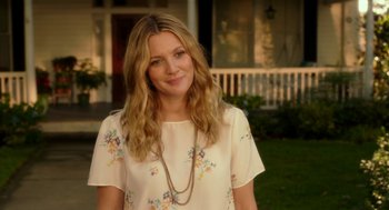 Movie still from “Blended” (2014), directed by Frank Coraci – A woman with long blonde hair wearing a white dress; Medium shot, Over the shoulder angle