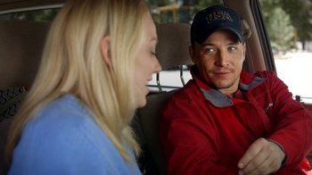 Movie still from “Blue Jay” (2016), directed by Alex Lehmann – A man and a woman sitting in the back of a car; Close Up shot, Over the shoulder angle
