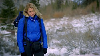 Movie still from “Blue Jay” (2016), directed by Alex Lehmann – A woman in a blue jacket standing in the snow; Medium shot, Over the shoulder angle