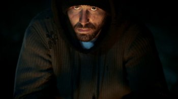 Movie still from “Blue Jay” (2016), directed by Alex Lehmann – A person wearing a hooded sweater; Close Up shot, Low angle