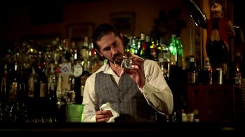 Movie still from “Blue Jay” (2016), directed by Alex Lehmann – A man in a vest is drinking a glass; Medium shot, Low angle