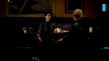 Movie still from “Blue Jay” (2016), directed by Alex Lehmann – A man and a woman are sitting at a table; Medium shot, Over the shoulder angle