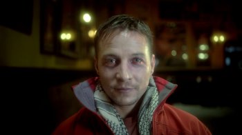 Movie still from “Blue Jay” (2016), directed by Alex Lehmann – A person wearing a red jacket; Close Up shot, Low angle
