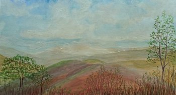 Movie still from “Bones and All” (2022), directed by Luca Guadagnino – An oil painting of a hilly area with trees in the foreground; Extreme Wide shot, Low angle