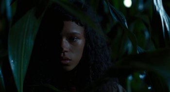 Movie still from “Bones and All” (2022), directed by Luca Guadagnino – A woman with long black curly hair is looking at the camera through some leaves; Close Up shot, Low angle