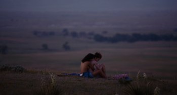 Movie still from “Bones and All” (2022), directed by Luca Guadagnino – Two people sitting on a hill at night; Wide shot, High angle