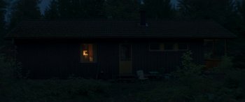 Movie still from “Border” (2018), directed by Ali Abbasi – A house that has a door open at night time; Extreme Wide shot, High angle