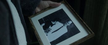 Movie still from “Border” (2018), directed by Ali Abbasi – A person holding a picture of a man and woman; Extreme Close Up shot, Overhead angle