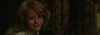 Movie still from “Breathe” (2017), directed by Andy Serkis – A person with short blonde hair; Close Up shot, Over the shoulder angle