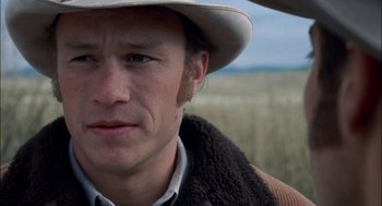 Movie still from “Brokeback Mountain” (2005), directed by Ang Lee – A person wearing a cowboy hat; Close Up shot, Over the shoulder angle