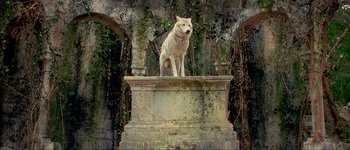 Movie still from “Brotherhood of the Wolf” (2001), directed by Christophe Gans – A dog standing on top of a stone pillar in front of trees; Wide shot, Low angle