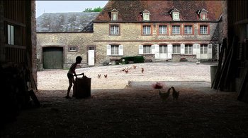 Movie still from “Caché” (2005), directed by Michael Haneke – A person standing in a field with chickens; Extreme Wide shot, Low angle