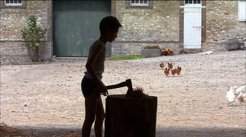 Movie still from “Caché” (2005), directed by Michael Haneke – A young boy chopping wood with an axe; Wide shot, Low angle