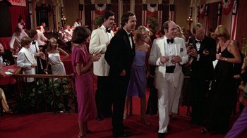 Movie still from “Caddyshack” (1980), directed by Harold Ramis – A group of people standing in a room; Wide shot, High angle