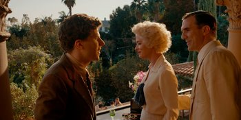 Movie still from “Café Society” (2016), directed by Woody Allen – A man and a woman talking to each other; Medium shot, Over the shoulder angle