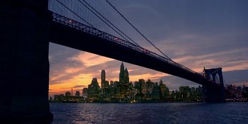 Movie still from “Café Society” (2016), directed by Woody Allen – A view of a city from across the river; Extreme Wide shot, High angle