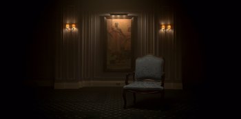 Movie still from “Fargo” (2014), created by Noah Hawley – A chair in a room with a painting on the wall; Extreme Wide shot, Low angle