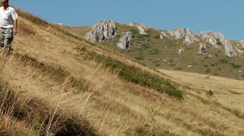 Movie still from “Cameraperson” (2016), directed by Kirsten Johnson – A grassy hill with a mountain in the background; Extreme Wide shot, Low angle