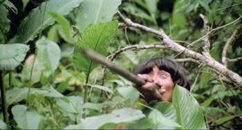 Movie still from “Cannibal Holocaust” (1980), directed by Ruggero Deodato – A man hiding in the bushes looking at the camera; Extreme Close Up shot, High angle