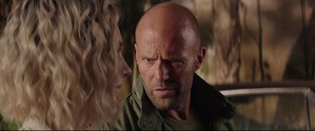 Movie still from “Fast & Furious Presents: Hobbs & Shaw” (2019), directed by David Leitch – A man and a woman staring at each other; Close Up shot, Over the shoulder angle