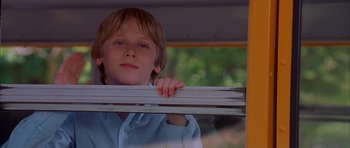 A young boy leaning on a window ledge