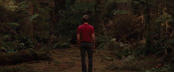 Movie still from “Charlie St. Cloud” (2010), directed by Burr Steers – A man in a red shirt is standing in the woods; Wide shot, High angle