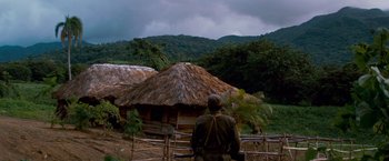 Movie still from “Che: Part One” (2008), directed by Steven Soderbergh – A man standing in front of a hut in the woods; Extreme Wide shot, High angle