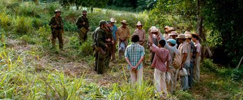 Movie still from “Che: Part One” (2008), directed by Steven Soderbergh – A group of people standing in the grass; Wide shot, Over the shoulder angle